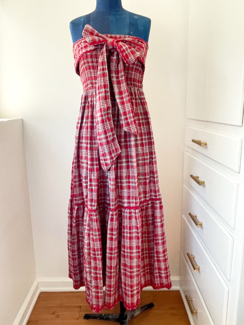 Damson Madder Red Plaid Smocked Convertible Halter Midi Dress